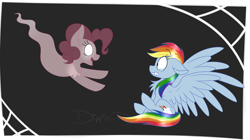 Size: 1280x715 | Tagged: safe, artist:dippin-dott, derpibooru import, pinkie pie, rainbow dash, earth pony, ghost, pegasus, pony, black background, crying, female, looking at each other, scared, simple background, spider web, spooky, spread wings, wings