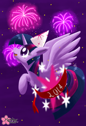 Size: 2704x3953 | Tagged: safe, artist:clouddg, derpibooru import, twilight sparkle, twilight sparkle (alicorn), alicorn, pony, 2014, female, fireworks, hat, mare, new year, party hat, solo