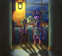 Size: 1100x1000 | Tagged: safe, artist:luciferamon, derpibooru import, spike, twilight sparkle, twilight sparkle (alicorn), alicorn, dragon, pony, semi-anthro, bipedal, cleaning, clothes, comic book, dishes, door, kitchen, muffin, slice of life