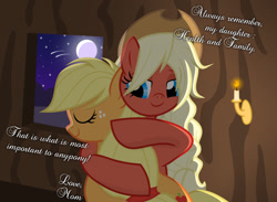 Size: 1021x749 | Tagged: safe, artist:astralmelodia, artist:aurora-chiaro, applejack, oc, earth pony, pony, collaboration, heartwarming, night, parent