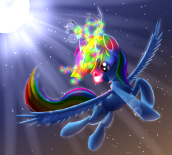 Size: 4000x3600 | Tagged: safe, artist:sweetbrew, derpibooru import, rainbow dash, pegasus, pony, antlers, christmas, christmas lights, flying, holiday, lens flare, night, reindeer dash, rudolph dash, rudolph nose, solo, spread wings, wings