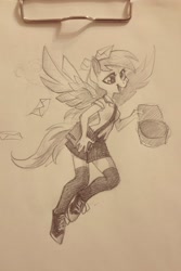 Size: 1820x2728 | Tagged: safe, artist:holivi, derpy hooves, anthro, unguligrade anthro, flying, mail, mailmare, monochrome, solo, traditional art