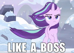 Size: 954x688 | Tagged: safe, edit, edited screencap, screencap, starlight glimmer, pony, unicorn, the ending of the end, badass, caption, cropped, image macro, like a boss, snow, solo, starlight glimmer in places she shouldn't be, text, walking away, windswept mane