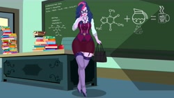 Size: 10240x5760 | Tagged: artist needed, safe, sci-twi, twilight sparkle, equestria girls, absurd resolution, adult, apple, belt buckle, book, canterlot high, chair, chalkboard, classroom, clothes, coffee, desk, door, dress, food, formula, glasses, hairpin, satchel, school uniform, stockings, thigh highs, wide hips