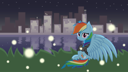 Size: 6803x3827 | Tagged: safe, alternate version, artist:zylgchs, derpibooru exclusive, derpibooru import, rainbow dash, firefly (insect), pegasus, pony, city, cityscape, clothes, dreamworks face, grass, hoodie, looking at you, looking back, looking back at you, night, reflection, sitting, solo, spread wings, vector, wallpaper, water, windswept mane, wings