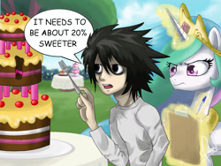 Size: 1600x1200 | Tagged: safe, artist:zorbitas, princess celestia, alicorn, human, pony, 20% cooler, annoyed, cake, cakelestia, clipboard, crossover, death note, food, fork, frown, glare, l, l lawliet, magic, open mouth, telekinesis