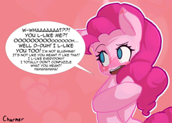 Size: 1920x1364 | Tagged: safe, artist:acharmingpony, pinkie pie, earth pony, pony, bipedal, blushing, cute, dialogue, diapinkes, ear blush, embarrassed, heart, nervous laugh, no pupils, solo, speech bubble, sweat, tsundere
