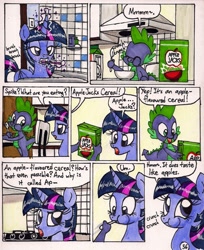 Size: 1402x1714 | Tagged: safe, artist:newyorkx3, derpibooru import, spike, twilight sparkle, twilight sparkle (alicorn), alicorn, dragon, pony, comic:twilight and the big city, apple jacks, cereal, comic, female, mare, product placement, traditional art