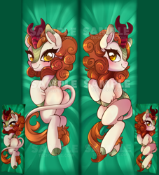 Size: 604x665 | Tagged: safe, artist:techycutie, autumn blaze, kirin, pony, sounds of silence, awwtumn blaze, bedsheets, blushing, body pillow, body pillow design, cute, female, kirinbetes, looking at you, lying down, lying on bed, on side, plot, smiling, solo, watermark