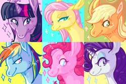 Size: 600x400 | Tagged: safe, artist:clownopolis, derpibooru import, applejack, fluttershy, pinkie pie, rainbow dash, rarity, twilight sparkle, earth pony, pegasus, pony, unicorn, beanbrows, bust, eyebrows, icon, looking back, mane six, portrait