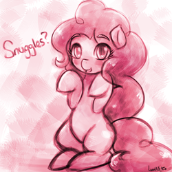 Size: 500x500 | Tagged: dead source, source needed, safe, artist:lumineko, pinkie pie, earth pony, pony, blushing, cute, diapinkes, looking at you, open mouth, sitting, smiling, snuggles?, snuggling, solo