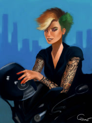 Size: 600x796 | Tagged: safe, artist:agataczerw, derpibooru import, rainbow dash, human, humanized, motorcycle, tattoo