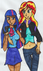 Size: 675x1111 | Tagged: safe, artist:thelunarbutterfly, sunset shimmer, twilight sparkle, equestria girls, dark skin, female, human coloration, lesbian, looking at each other, shipping, simple background, sunsetsparkle, traditional art