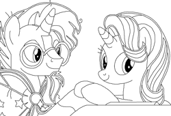 Size: 1128x768 | Tagged: safe, artist:alexanderwilliams, starlight glimmer, sunburst, pony, unicorn, female, lineart, male, monochrome, shipping, starburst, straight