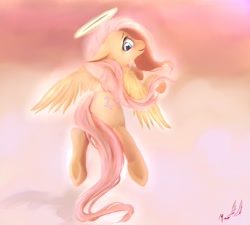 Size: 2000x1800 | Tagged: safe, artist:miokomata, fluttershy, angel, pegasus, pony, fangs, flying, halo, looking back, majestic, rear view, solo, underhoof