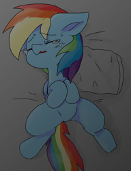 Size: 1280x1668 | Tagged: safe, artist:temmie720, derpibooru import, rainbow dash, pegasus, pony, bed, crying, eyes closed, female, folded wings, hooves to the chest, mare, on back, on bed, pillow, sad, solo, teary eyes, wings