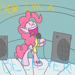 Size: 540x540 | Tagged: safe, artist:mr-degration, pinkie pie, earth pony, pony, dreamworks, happy, i'm a believer, shrek, singing, smash mouth, song, song reference, speaker, stage, the monkees