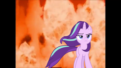 Size: 1366x768 | Tagged: safe, artist:westrail642fan, edit, starlight glimmer, pony, unicorn, the ending of the end, atomic train, cool guys don't look at explosions, explosion, female, frown, lidded eyes, mare, starlight glimmer in places she shouldn't be, walking away from explosion, windswept mane