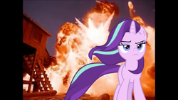 Size: 1366x768 | Tagged: safe, artist:westrail642fan, edit, starlight glimmer, pony, unicorn, the ending of the end, atomic train, badass, cool guys don't look at explosions, explosion, female, frown, lidded eyes, mare, starlight glimmer in places she shouldn't be, walking away from explosion, windswept mane