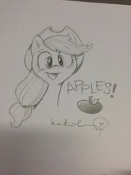 Size: 768x1024 | Tagged: safe, artist:katiecandraw, applejack, earth pony, pony, apple, bust, monochrome, open mouth, portrait, smiling, solo, that pony sure does love apples, traditional art