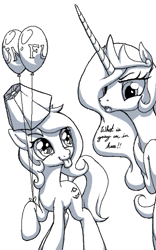 Size: 313x502 | Tagged: safe, artist:stoic5, princess celestia, oc, oc:dizzy cream, alicorn, pony, balloon, flockmod, grayscale, monochrome, reaction image, simple background, white background