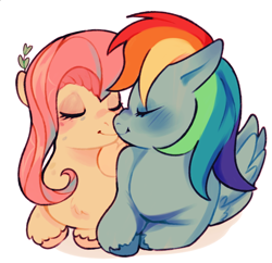 Size: 666x645 | Tagged: safe, artist:digitalsnail, derpibooru import, fluttershy, rainbow dash, pegasus, pony, blushing, chest fluff, chibi, eyes closed, female, floppy ears, flutterdash, heart, lesbian, mare, nuzzling, prone, shipping, simple background, smiling, unshorn fetlocks, white background