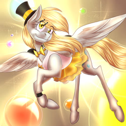 Size: 1024x1024 | Tagged: safe, artist:pocketyhat, derpy hooves, pegasus, pony, abstract background, ballerina, bowtie, bracelet, bubble, clothes, cutie mark, dress, eye clipping through hair, female, flying, hairpin, hairpin derpy, hat, jewelry, mare, smiling, solo, top hat, tutu