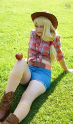 Size: 1133x1920 | Tagged: safe, artist:dnexen, artist:lumenpanda, applejack, human, 2013, apple, ayacon, clothes, cosplay, front knot midriff, grass, irl, irl human, midriff, photo, shorts, sitting, solo