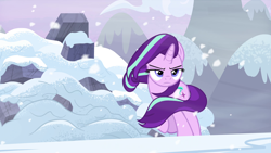 Size: 1920x1080 | Tagged: safe, screencap, starlight glimmer, pony, unicorn, the ending of the end, badass, female, frown, lidded eyes, mare, snow, solo, walking away, windswept mane