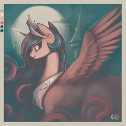 Size: 3000x3000 | Tagged: safe, artist:rain-gear, princess celestia, alicorn, pony, beautiful, castle, color palette challenge, crown, cutie mark, ethereal mane, ethereal tail, female, flowing mane, flowing tail, full moon, jewelry, limited palette, looking at you, mare, moon, multicolored mane, multicolored tail, night, regalia, royalty, smiling, solo, spread wings, tiara