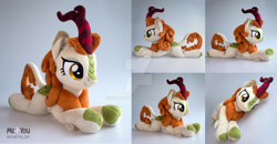 Size: 1600x830 | Tagged: safe, artist:meplushyou, autumn blaze, kirin, sounds of silence, cloven hooves, deviantart watermark, female, irl, obtrusive watermark, photo, plushie, prone, smiling, solo, watermark