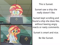 Size: 1656x1248 | Tagged: safe, editor:leonidus, screencap, sunset shimmer, equestria girls, friendship games, be like bill, computer, gasp, meme, smiling, sunset the science gal, text