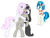 Size: 522x400 | Tagged: safe, artist:wryte, derpibooru import, dj pon-3, fleur-de-lis, octavia melody, vinyl scratch, earth pony, pony, semi-anthro, blushing, female, kissing, lesbian, popcorn