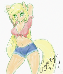 Size: 1000x1164 | Tagged: safe, artist:sugarcup, applejack, anthro, bedroom eyes, belly button, clothes, daisy dukes, front knot midriff, midriff, shorts, sketch, solo