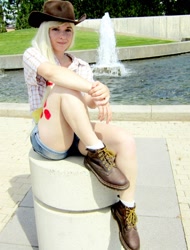 Size: 728x960 | Tagged: safe, artist:cailinmariecosplay, applejack, human, cosplay, fountain, irl, irl human, palindrome get, photo, solo