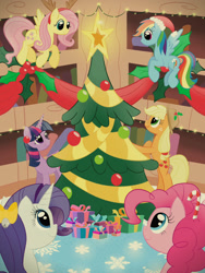 Size: 1536x2048 | Tagged: safe, artist:bratzoid, derpibooru import, applejack, fluttershy, pinkie pie, rainbow dash, rarity, twilight sparkle, twilight sparkle (alicorn), alicorn, earth pony, pegasus, pony, unicorn, antlers, candy, candy cane, christmas, christmas tree, food, golden oaks library, hat, holiday, mane six, newbie artist training grounds, present, reindeer antlers, santa hat, tree