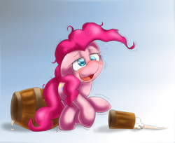 Size: 1225x1000 | Tagged: safe, artist:ushiro no kukan, pinkie pie, earth pony, pony, barrel, cider, cute, diapinkes, drunk, drunkie pie, female, floppy ears, gradient background, lidded eyes, mare, messy mane, open mouth, raised hoof, raised leg, shivering, smiling, solo, tankard