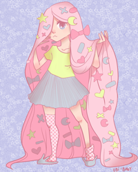 Size: 2000x2500 | Tagged: safe, artist:irrelevant-things, fluttershy, human, clothes, hair over one eye, humanized, impossibly long hair, long hair, looking at you, shirt, skirt, socks, solo