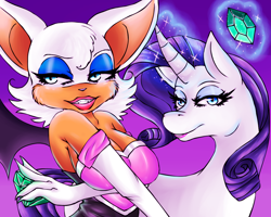 Size: 1080x864 | Tagged: safe, artist:ooxkatiekatxoo, rarity, anthro, chaos emerald, crossover, gem, rouge the bat, simple background, sonic the hedgehog (series), video game