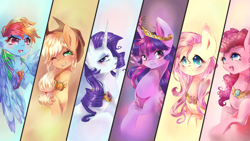 Size: 1920x1080 | Tagged: safe, artist:dream--chan, derpibooru import, applejack, fluttershy, pinkie pie, rainbow dash, rarity, twilight sparkle, twilight sparkle (alicorn), alicorn, earth pony, pegasus, pony, unicorn, bust, element of generosity, element of honesty, element of kindness, element of laughter, element of loyalty, element of magic, elements of harmony, female, line-up, mane six, mare, portrait, wallpaper