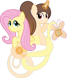 Size: 6400x7472 | Tagged: safe, artist:parclytaxel, fluttershy, oc, oc:coronal loop, genie pony, pegasus, pony, unicorn, .svg available, absurd resolution, albumin flask, bottle, djinn, genie, geniefied, knot, magic, ponytail, simple background, tangled (disney), telekinesis, transparent background, vector