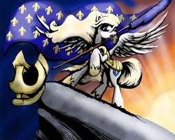 Size: 999x799 | Tagged: safe, artist:killer-teckel, derpibooru import, fleur-de-lis, oc, oc only, oc:jeannedarc, pegasus, pony, flag, guardsmare, jeanne d'arc, joan of arc, royal guard, solo