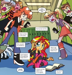 Size: 977x1024 | Tagged: safe, idw, captain planet, cloudy kicks, indigo wreath, sunflower (character), sunset shimmer, teddy t. touchdown, equestria girls, spoiler:comic, abuse, apple bloom is a duck, bully, bullying, crying, offscreen character, sad, shimmerbuse, sunsad shimmer, this will end in school shooting