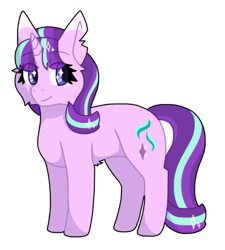 Size: 514x572 | Tagged: safe, artist:eveniing12, derpibooru exclusive, starlight glimmer, pony, unicorn, 3/4 view, alternate design, alternate universe, belly fluff, cheek fluff, colored ears, colored lineart, colored pupils, cute, digital art, eye clipping through hair, female, glimmerbetes, shading, simple background, smiling, solo, standing, starry eyes, torn ear, transparent background, wingding eyes