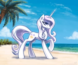 Size: 1200x1000 | Tagged: safe, artist:kp-shadowsquirrel, derpibooru import, fleur-de-lis, pony, unicorn, beach, bedroom eyes, cloud, female, looking at you, mare, sand, sky, smiling, solo, water