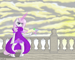 Size: 1280x1024 | Tagged: safe, artist:steedburst, derpibooru import, fleur-de-lis, pony, balcony, bipedal, drink, magic, solo