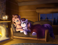 Size: 3300x2550 | Tagged: safe, artist:alex-heberling, rarity, oc, oc:kydose, pony, unicorn, blanket, cabin, candle, canon x oc, fire, hug, loving gaze, mountain, night, raridose, romantic, shipping, snuggling, sofa, stars