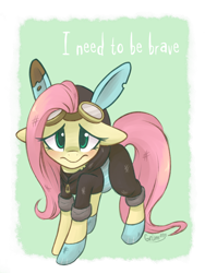 Size: 768x1024 | Tagged: safe, artist:grimlake, fluttershy, pegasus, pony, blushing, bunny ears, clothes, costume, dangerous mission outfit, dirty, female, goggles, green background, hoodie, looking at you, mare, shoes, simple background, solo