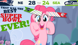 Size: 599x348 | Tagged: safe, pinkie pie, earth pony, pony, american football, meme, new england patriots, nfl, seattle seahawks, super bowl, super bowl champions, super bowl xlix