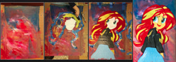 Size: 1280x454 | Tagged: safe, artist:aquilateagle, sunset shimmer, equestria girls, cardboard box, painting, progression, solo, traditional art